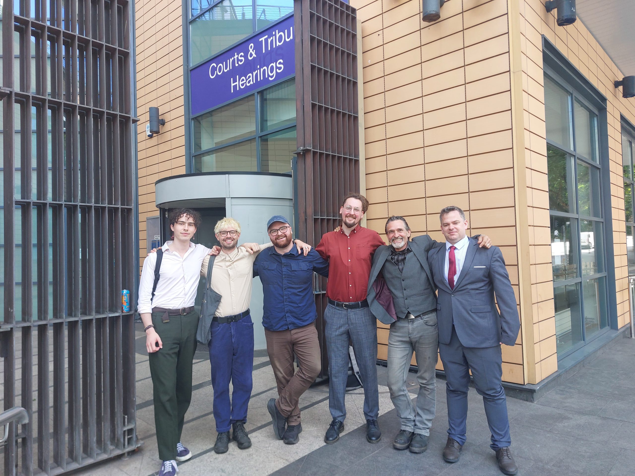 Six Animal Rising protestors outside Bristol Magistrates Court on 27/6/25
